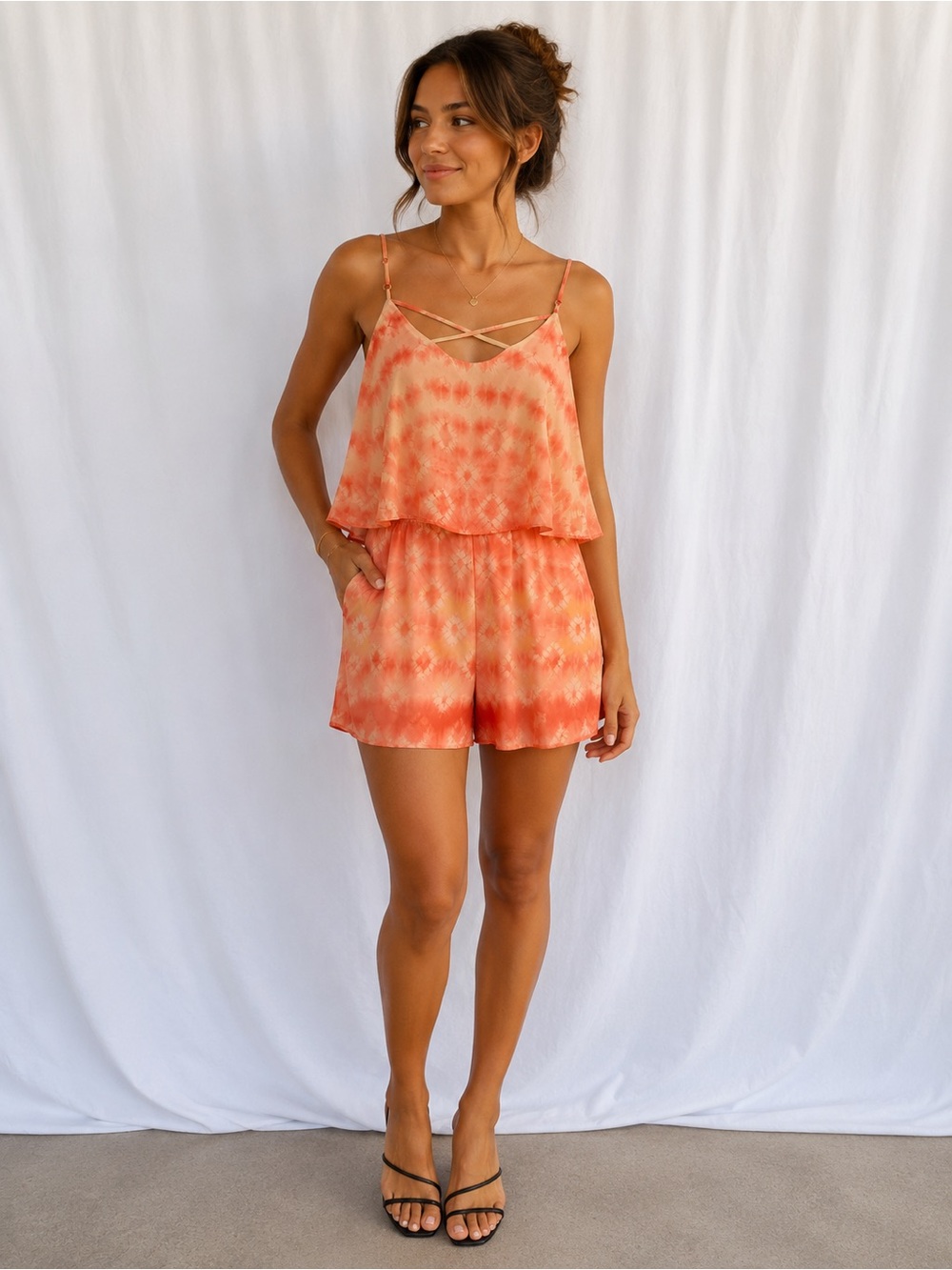 Coral Tie-Dye Layered Spaghetti Strap Dress